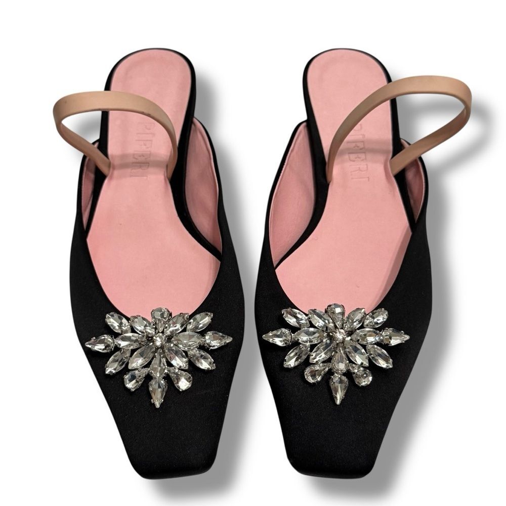 Piferi Satin Mule Flats 39 Black Pink Designer Swap Embellish Romantic Style